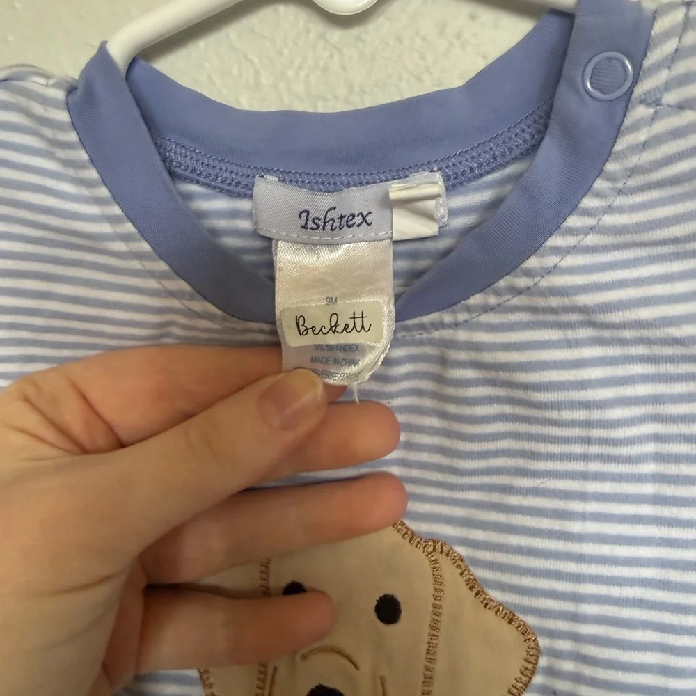 Blue Striped Baby One-Piece Bodysuit with Puppy Applique - Picture 2 of 2